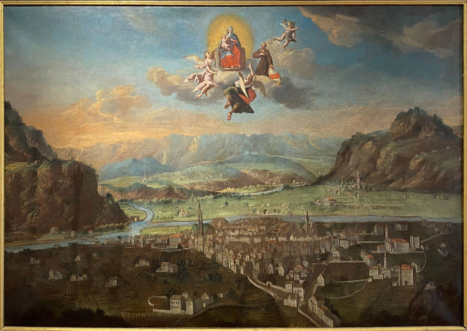 View of Bolzano with Blessed Henry in the Glorie by an unknown Bolzano Painter, after 1759, oil on canvas, 105x152cm, origin:unknown, city museum of Bolzano