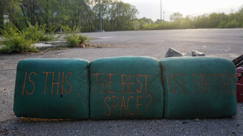 "Is that the best juse for this space?" written on a piece of a sofa